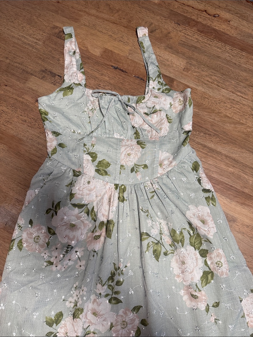 Floral Sundress with Puff Rose Print - Sage Green & Blush